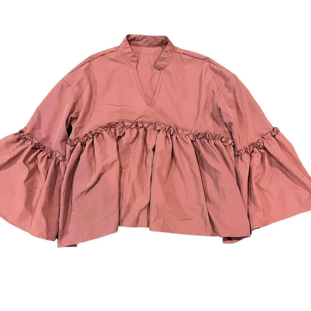 Shein‎ Pink Long Sleeve V-Neck Ruffle Hem Peplum Blouse Size Medium